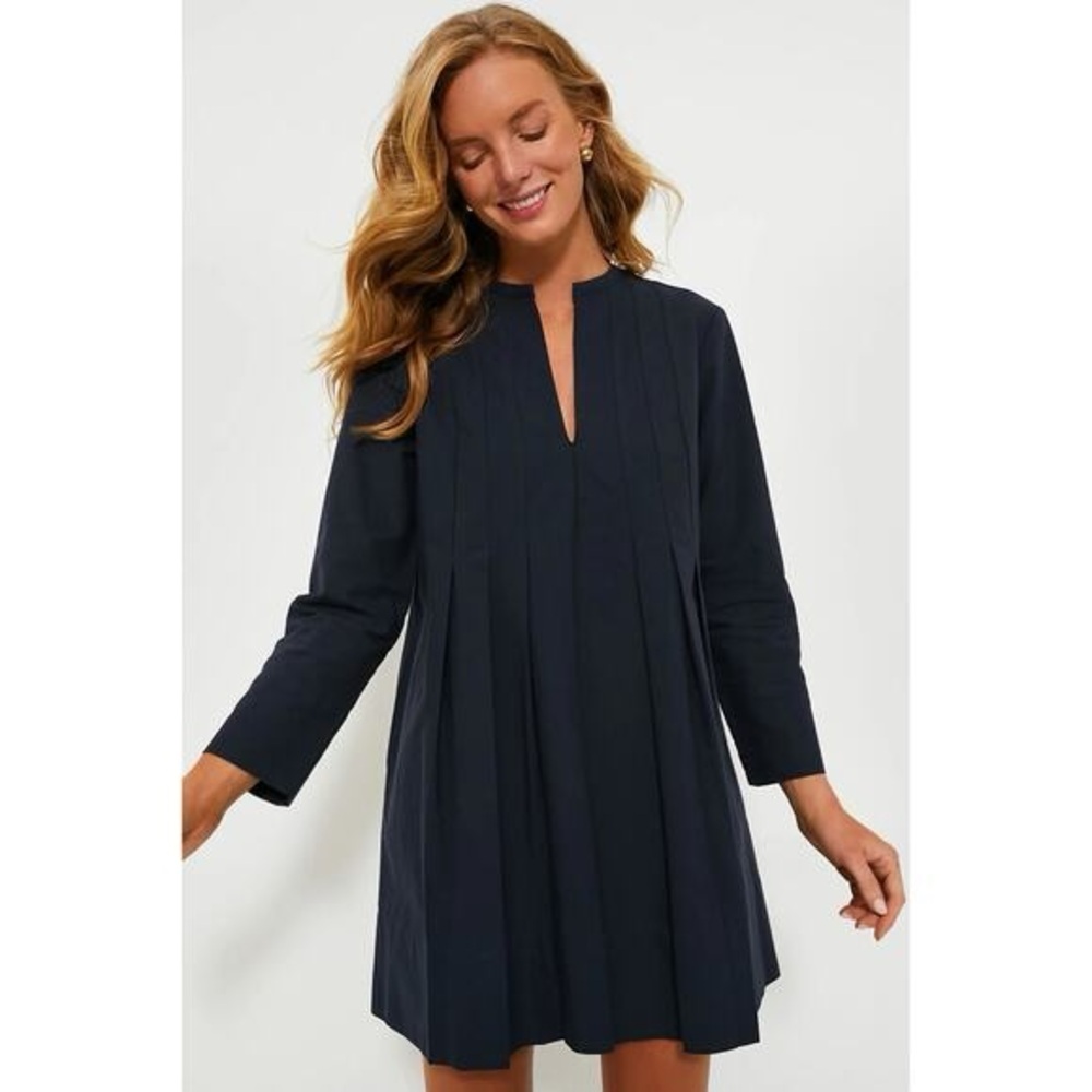 Tuckernuck Dark Blue Pleated Long Sleeve Dress